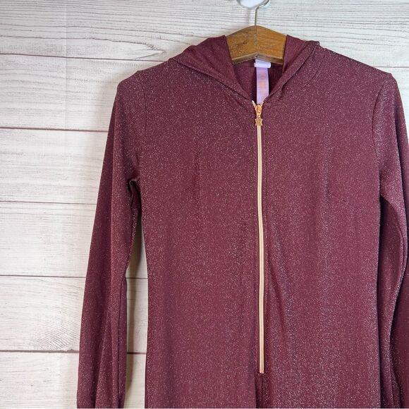 Savage X Fenty Sleep & Shine Hooded Jumpsuit Red Cocoa Size S Burgundy Glitter - Picture 5 of 15